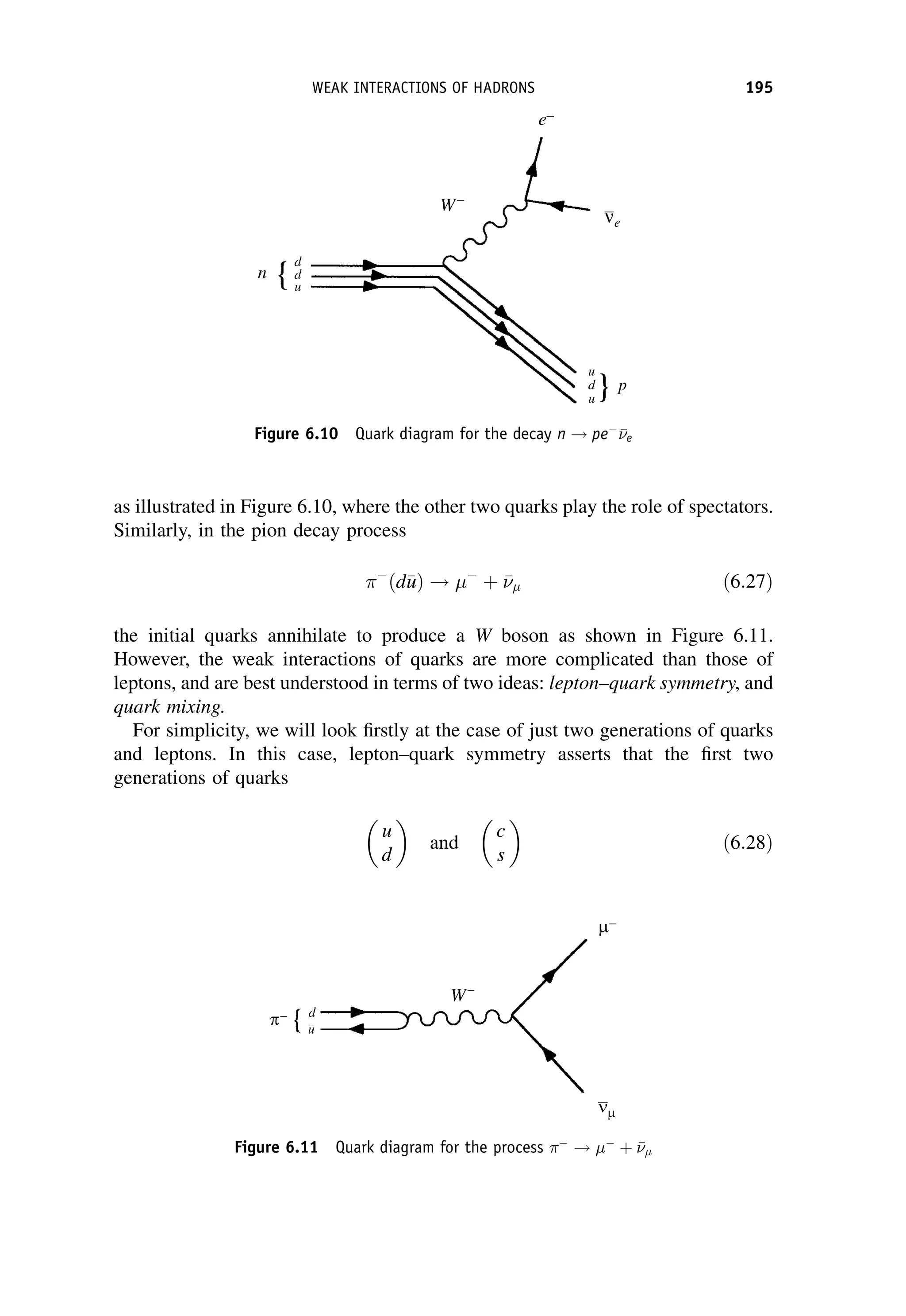 as illustrated in Figure 6.10, where the other two quarks play the role of spectators.
Similarly, in the pion decay process

ðd
u
uÞ ! 
þ 

 ð6:27Þ
the initial quarks annihilate to produce a W boson as shown in Figure 6.11.
However, the weak interactions of quarks are more complicated than those of
leptons, and are best understood in terms of two ideas: lepton–quark symmetry, and
quark mixing.
For simplicity, we will look firstly at the case of just two generations of quarks
and leptons. In this case, lepton–quark symmetry asserts that the first two
generations of quarks
u
d

and
c
s

ð6:28Þ
Figure 6.10 Quark diagram for the decay n ! pe


e
Figure 6.11 Quark diagram for the process 
! 
þ 


WEAK INTERACTIONS OF HADRONS 195
 