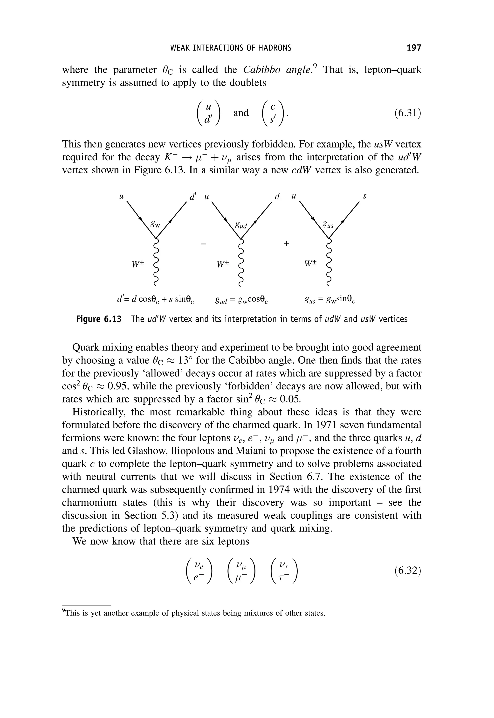 where the parameter C is called the Cabibbo angle.9
That is, lepton–quark
symmetry is assumed to apply to the doublets
u
d0

and
c
s0

: ð6:31Þ
This then generates new vertices previously forbidden. For example, the usW vertex
required for the decay K
! 
þ 

 arises from the interpretation of the ud0
W
vertex shown in Figure 6.13. In a similar way a new cdW vertex is also generated.
Quark mixing enables theory and experiment to be brought into good agreement
by choosing a value C 13
for the Cabibbo angle. One then finds that the rates
for the previously ‘allowed’ decays occur at rates which are suppressed by a factor
cos2
C 0:95, while the previously ‘forbidden’ decays are now allowed, but with
rates which are suppressed by a factor sin2
C 0:05.
Historically, the most remarkable thing about these ideas is that they were
formulated before the discovery of the charmed quark. In 1971 seven fundamental
fermions were known: the four leptons e, e
,  and 
, and the three quarks u, d
and s. This led Glashow, Iliopolous and Maiani to propose the existence of a fourth
quark c to complete the lepton–quark symmetry and to solve problems associated
with neutral currents that we will discuss in Section 6.7. The existence of the
charmed quark was subsequently confirmed in 1974 with the discovery of the first
charmonium states (this is why their discovery was so important – see the
discussion in Section 5.3) and its measured weak couplings are consistent with
the predictions of lepton–quark symmetry and quark mixing.
We now know that there are six leptons
e
e







ð6:32Þ
9
This is yet another example of physical states being mixtures of other states.
Figure 6.13 The ud0
W vertex and its interpretation in terms of udW and usW vertices
WEAK INTERACTIONS OF HADRONS 197
 