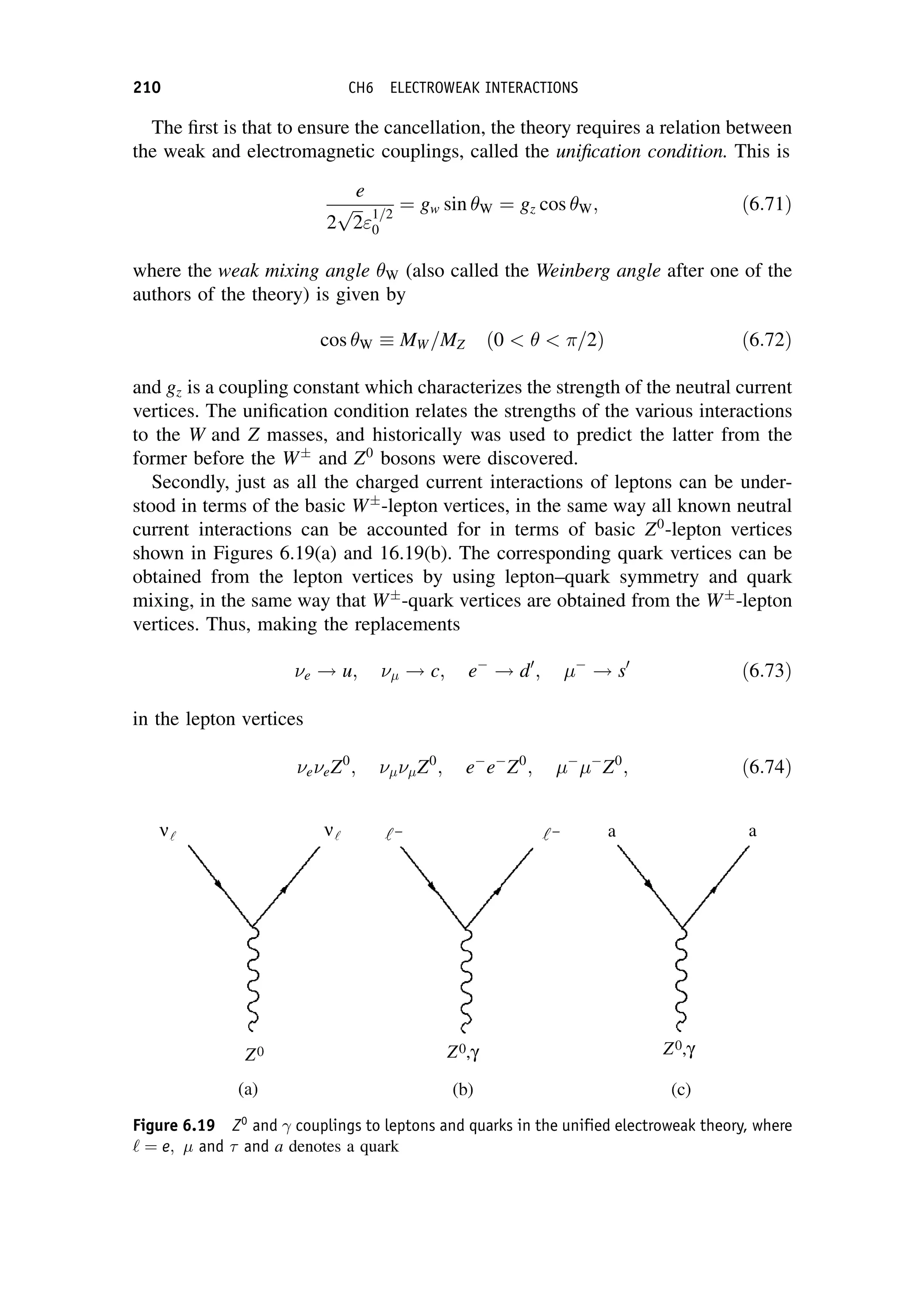 The first is that to ensure the cancellation, the theory requires a relation between
the weak and electromagnetic couplings, called the unification condition. This is
e
2
ﬃﬃﬃ
2
p

1=2
0
¼ gw sin W ¼ gz cos W; ð6:71Þ
where the weak mixing angle W (also called the Weinberg angle after one of the
authors of the theory) is given by
cos W MW =MZ ð0   =2Þ ð6:72Þ
and gz is a coupling constant which characterizes the strength of the neutral current
vertices. The unification condition relates the strengths of the various interactions
to the W and Z masses, and historically was used to predict the latter from the
former before the W
and Z0
bosons were discovered.
Secondly, just as all the charged current interactions of leptons can be under-
stood in terms of the basic W
-lepton vertices, in the same way all known neutral
current interactions can be accounted for in terms of basic Z0
-lepton vertices
shown in Figures 6.19(a) and 16.19(b). The corresponding quark vertices can be
obtained from the lepton vertices by using lepton–quark symmetry and quark
mixing, in the same way that W
-quark vertices are obtained from the W
-lepton
vertices. Thus, making the replacements
e ! u;  ! c; e
! d0
; 
! s0
ð6:73Þ
in the lepton vertices
eeZ0
; Z0
; e
e
Z0
; 

Z0
; ð6:74Þ
Figure 6.19 Z0
and  couplings to leptons and quarks in the unified electroweak theory, where
‘ ¼ e;  and and a denotes a quark
210 CH6 ELECTROWEAK INTERACTIONS
 