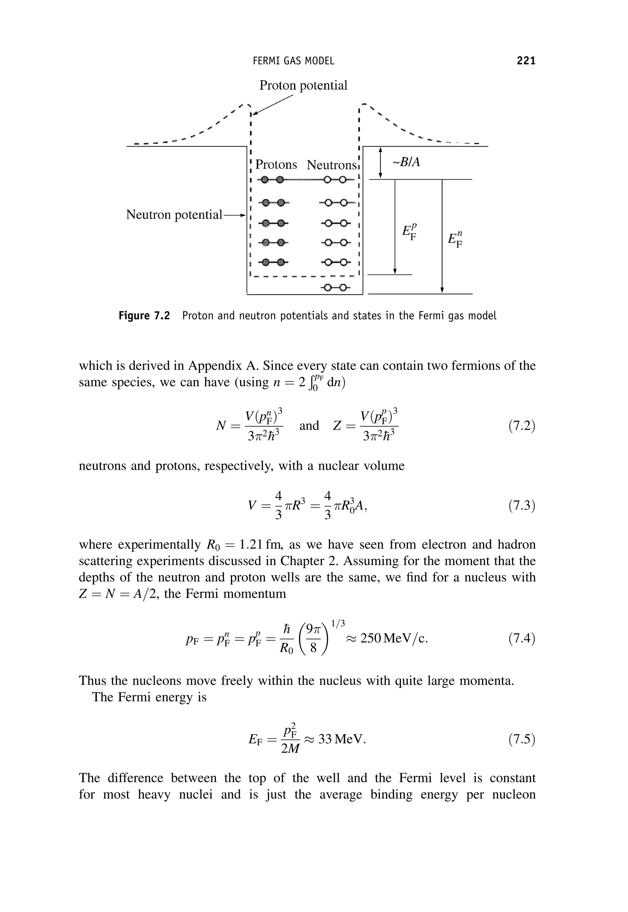 which is derived in Appendix A. Since every state can contain two fermions of the
same species, we can have (using n ¼ 2
ÐpF
0 dnÞ
N ¼
Vðpn
FÞ3
32
h3
and Z ¼
Vðpp
FÞ3
32
h3
ð7:2Þ
neutrons and protons, respectively, with a nuclear volume
V ¼
4
3
R3
¼
4
3
R3
0A; ð7:3Þ
where experimentally R0 ¼ 1:21 fm, as we have seen from electron and hadron
scattering experiments discussed in Chapter 2. Assuming for the moment that the
depths of the neutron and proton wells are the same, we find for a nucleus with
Z ¼ N ¼ A=2, the Fermi momentum
pF ¼ pn
F ¼ pp
F ¼

h
R0
9
8
 1=3
 250 MeV=c: ð7:4Þ
Thus the nucleons move freely within the nucleus with quite large momenta.
The Fermi energy is
EF ¼
p2
F
2M
 33 MeV: ð7:5Þ
The difference between the top of the well and the Fermi level is constant
for most heavy nuclei and is just the average binding energy per nucleon
Figure 7.2 Proton and neutron potentials and states in the Fermi gas model
FERMI GAS MODEL 221
 