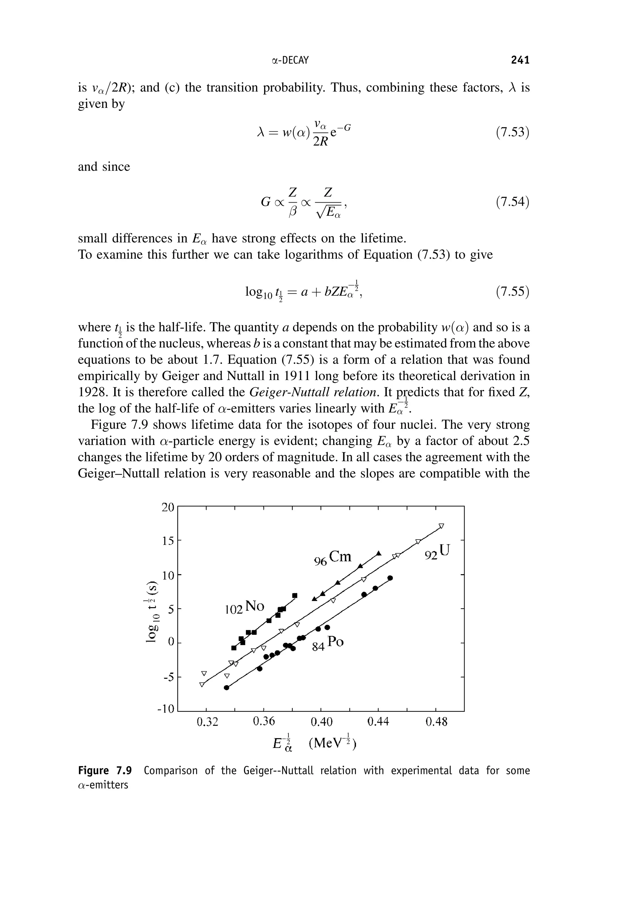 is v=2R); and (c) the transition probability. Thus, combining these factors,  is
given by
 ¼ wðÞ
v
2R
e G
ð7:53Þ
and since
G /
Z

/
Z
ﬃﬃﬃﬃﬃﬃ
E
p ; ð7:54Þ
small differences in E have strong effects on the lifetime.
To examine this further we can take logarithms of Equation (7.53) to give
log10 t1
2
¼ a þ bZE
1
2
 ; ð7:55Þ
where t1
2
is the half-life. The quantity a depends on the probability wðÞ and so is a
function of the nucleus, whereas b is a constant that may be estimated from the above
equations to be about 1.7. Equation (7.55) is a form of a relation that was found
empirically by Geiger and Nuttall in 1911 long before its theoretical derivation in
1928. It is therefore called the Geiger-Nuttall relation. It predicts that for fixed Z,
the log of the half-life of -emitters varies linearly with E
1
2
 .
Figure 7.9 shows lifetime data for the isotopes of four nuclei. The very strong
variation with -particle energy is evident; changing E by a factor of about 2.5
changes the lifetime by 20 orders of magnitude. In all cases the agreement with the
Geiger–Nuttall relation is very reasonable and the slopes are compatible with the
Figure 7.9 Comparison of the Geiger--Nuttall relation with experimental data for some
-emitters
a-DECAY 241
 