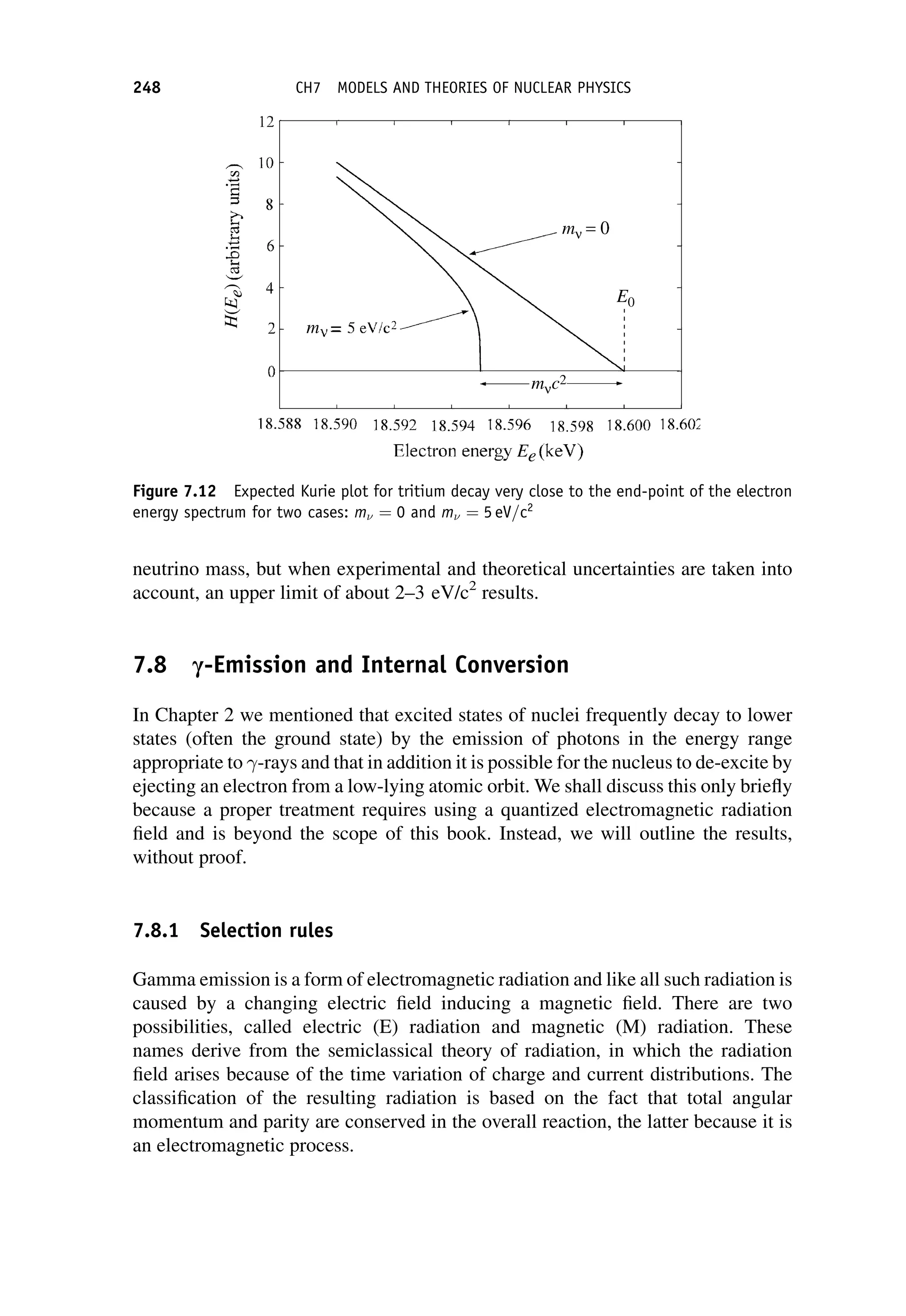 neutrino mass, but when experimental and theoretical uncertainties are taken into
account, an upper limit of about 2–3 eV/c2
results.
7.8 c-Emission and Internal Conversion
In Chapter 2 we mentioned that excited states of nuclei frequently decay to lower
states (often the ground state) by the emission of photons in the energy range
appropriate to -rays and that in addition it is possible for the nucleus to de-excite by
ejecting an electron from a low-lying atomic orbit. We shall discuss this only briefly
because a proper treatment requires using a quantized electromagnetic radiation
field and is beyond the scope of this book. Instead, we will outline the results,
without proof.
7.8.1 Selection rules
Gamma emission is a form of electromagnetic radiation and like all such radiation is
caused by a changing electric field inducing a magnetic field. There are two
possibilities, called electric (E) radiation and magnetic (M) radiation. These
names derive from the semiclassical theory of radiation, in which the radiation
field arises because of the time variation of charge and current distributions. The
classification of the resulting radiation is based on the fact that total angular
momentum and parity are conserved in the overall reaction, the latter because it is
an electromagnetic process.
Figure 7.12 Expected Kurie plot for tritium decay very close to the end-point of the electron
energy spectrum for two cases: m ¼ 0 and m ¼ 5 eV=c2
248 CH7 MODELS AND THEORIES OF NUCLEAR PHYSICS
 