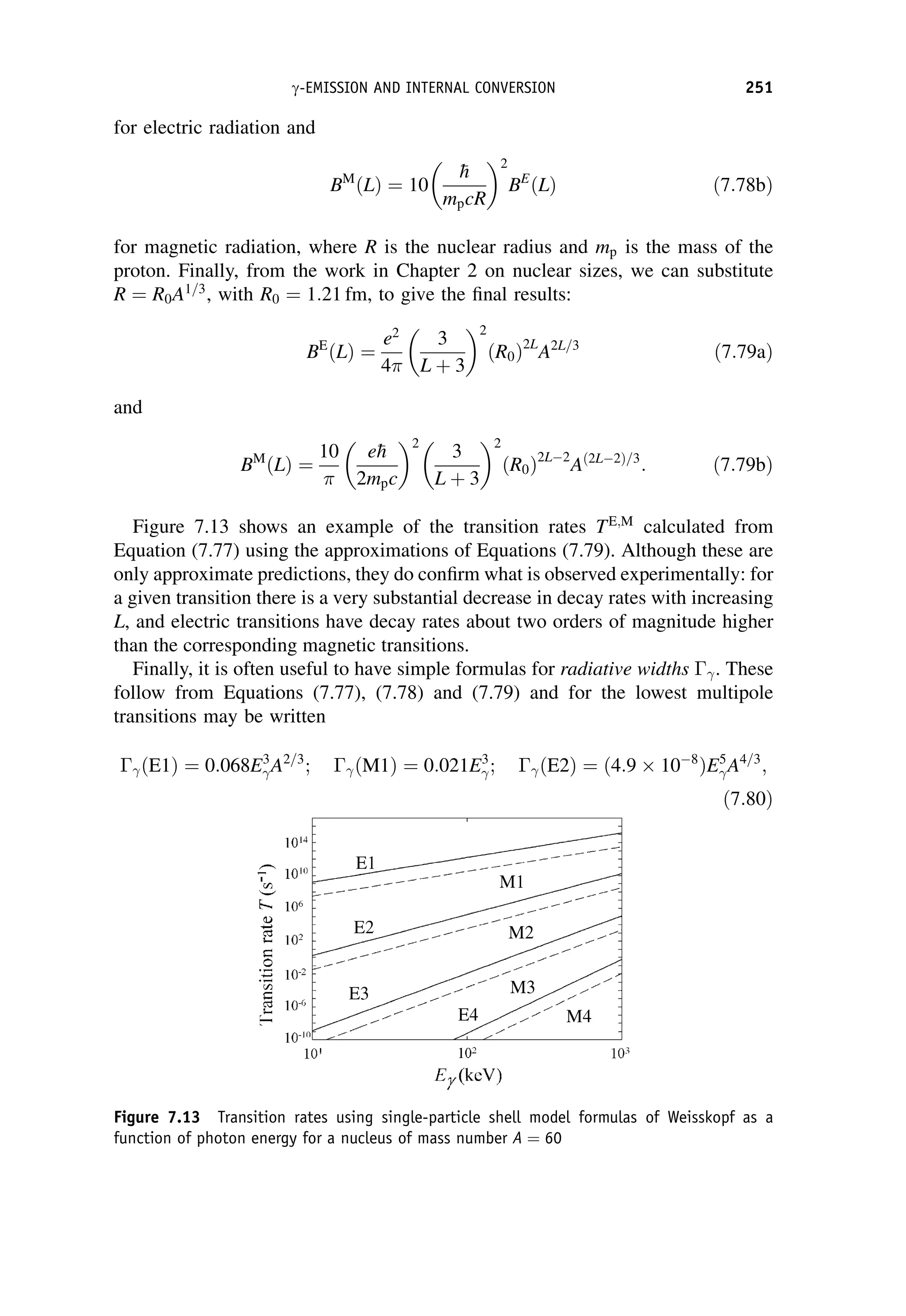 for electric radiation and
BM
ðLÞ ¼ 10

h
mpcR
 2
BE
ðLÞ ð7:78bÞ
for magnetic radiation, where R is the nuclear radius and mp is the mass of the
proton. Finally, from the work in Chapter 2 on nuclear sizes, we can substitute
R ¼ R0A1=3
, with R0 ¼ 1:21 fm, to give the final results:
BE
ðLÞ ¼
e2
4
3
L þ 3
 2
ðR0Þ2L
A2L=3
ð7:79aÞ
and
BM
ðLÞ ¼
10

e
h
2mpc
 2
3
L þ 3
 2
ðR0Þ2L 2
Að2L 2Þ=3
: ð7:79bÞ
Figure 7.13 shows an example of the transition rates TE;M
calculated from
Equation (7.77) using the approximations of Equations (7.79). Although these are
only approximate predictions, they do confirm what is observed experimentally: for
a given transition there is a very substantial decrease in decay rates with increasing
L, and electric transitions have decay rates about two orders of magnitude higher
than the corresponding magnetic transitions.
Finally, it is often useful to have simple formulas for radiative widths . These
follow from Equations (7.77), (7.78) and (7.79) and for the lowest multipole
transitions may be written
ðE1Þ ¼ 0:068E3
A2=3
; ðM1Þ ¼ 0:021E3
; ðE2Þ ¼ ð4:9  10 8
ÞE5
A4=3
;
ð7:80Þ
Figure 7.13 Transition rates using single-particle shell model formulas of Weisskopf as a
function of photon energy for a nucleus of mass number A ¼ 60
g-EMISSION AND INTERNAL CONVERSION 251
 