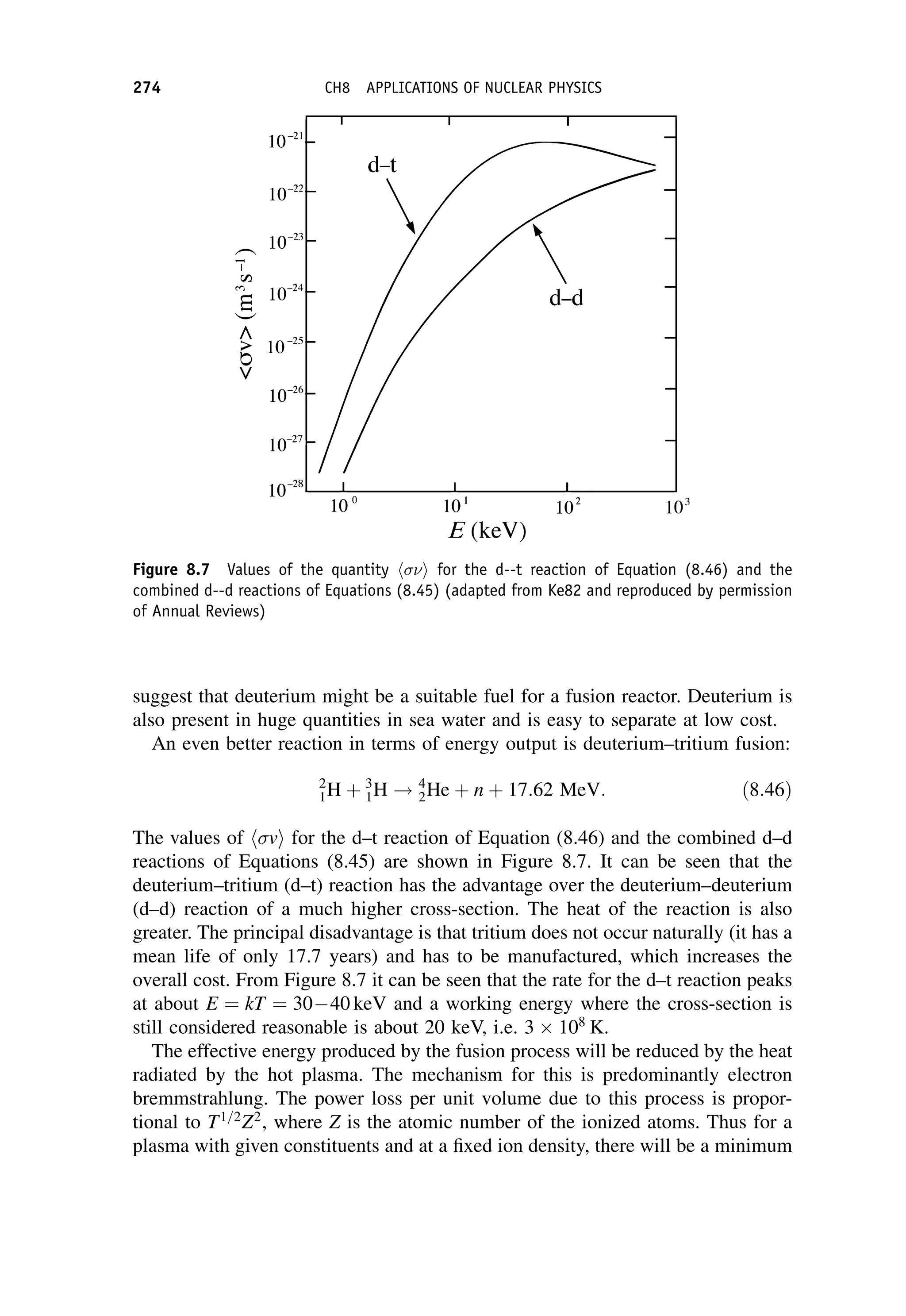 suggest that deuterium might be a suitable fuel for a fusion reactor. Deuterium is
also present in huge quantities in sea water and is easy to separate at low cost.
An even better reaction in terms of energy output is deuterium–tritium fusion:
2
1H þ 3
1H ! 4
2He þ n þ 17:62 MeV: ð8:46Þ
The values of v
h i for the d–t reaction of Equation (8.46) and the combined d–d
reactions of Equations (8.45) are shown in Figure 8.7. It can be seen that the
deuterium–tritium (d–t) reaction has the advantage over the deuterium–deuterium
(d–d) reaction of a much higher cross-section. The heat of the reaction is also
greater. The principal disadvantage is that tritium does not occur naturally (it has a
mean life of only 17.7 years) and has to be manufactured, which increases the
overall cost. From Figure 8.7 it can be seen that the rate for the d–t reaction peaks
at about E ¼ kT ¼ 3040 keV and a working energy where the cross-section is
still considered reasonable is about 20 keV, i.e. 3 108
K.
The effective energy produced by the fusion process will be reduced by the heat
radiated by the hot plasma. The mechanism for this is predominantly electron
bremmstrahlung. The power loss per unit volume due to this process is propor-
tional to T1=2
Z2
, where Z is the atomic number of the ionized atoms. Thus for a
plasma with given constituents and at a fixed ion density, there will be a minimum
Figure 8.7 Values of the quantity 
h i for the d--t reaction of Equation (8.46) and the
combined d--d reactions of Equations (8.45) (adapted from Ke82 and reproduced by permission
of Annual Reviews)
274 CH8 APPLICATIONS OF NUCLEAR PHYSICS
 