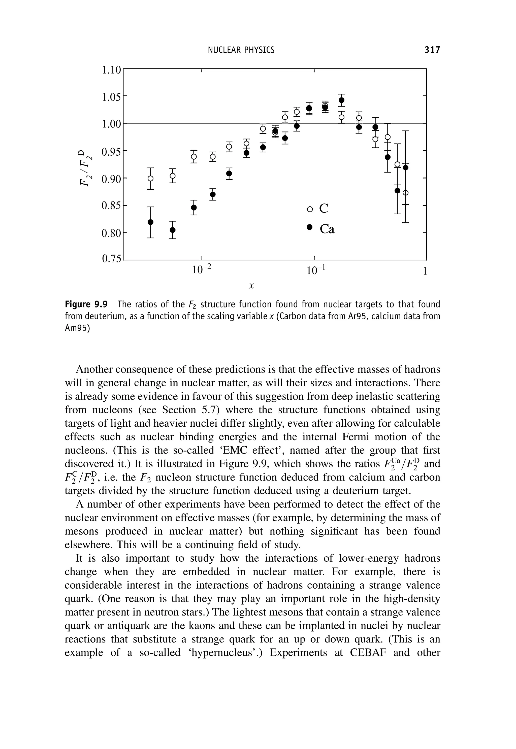 Another consequence of these predictions is that the effective masses of hadrons
will in general change in nuclear matter, as will their sizes and interactions. There
is already some evidence in favour of this suggestion from deep inelastic scattering
from nucleons (see Section 5.7) where the structure functions obtained using
targets of light and heavier nuclei differ slightly, even after allowing for calculable
effects such as nuclear binding energies and the internal Fermi motion of the
nucleons. (This is the so-called ‘EMC effect’, named after the group that first
discovered it.) It is illustrated in Figure 9.9, which shows the ratios FCa
2 =FD
2 and
FC
2 =FD
2 , i.e. the F2 nucleon structure function deduced from calcium and carbon
targets divided by the structure function deduced using a deuterium target.
A number of other experiments have been performed to detect the effect of the
nuclear environment on effective masses (for example, by determining the mass of
mesons produced in nuclear matter) but nothing significant has been found
elsewhere. This will be a continuing field of study.
It is also important to study how the interactions of lower-energy hadrons
change when they are embedded in nuclear matter. For example, there is
considerable interest in the interactions of hadrons containing a strange valence
quark. (One reason is that they may play an important role in the high-density
matter present in neutron stars.) The lightest mesons that contain a strange valence
quark or antiquark are the kaons and these can be implanted in nuclei by nuclear
reactions that substitute a strange quark for an up or down quark. (This is an
example of a so-called ‘hypernucleus’.) Experiments at CEBAF and other
Figure 9.9 The ratios of the F2 structure function found from nuclear targets to that found
from deuterium, as a function of the scaling variable x (Carbon data from Ar95, calcium data from
Am95)
NUCLEAR PHYSICS 317
 