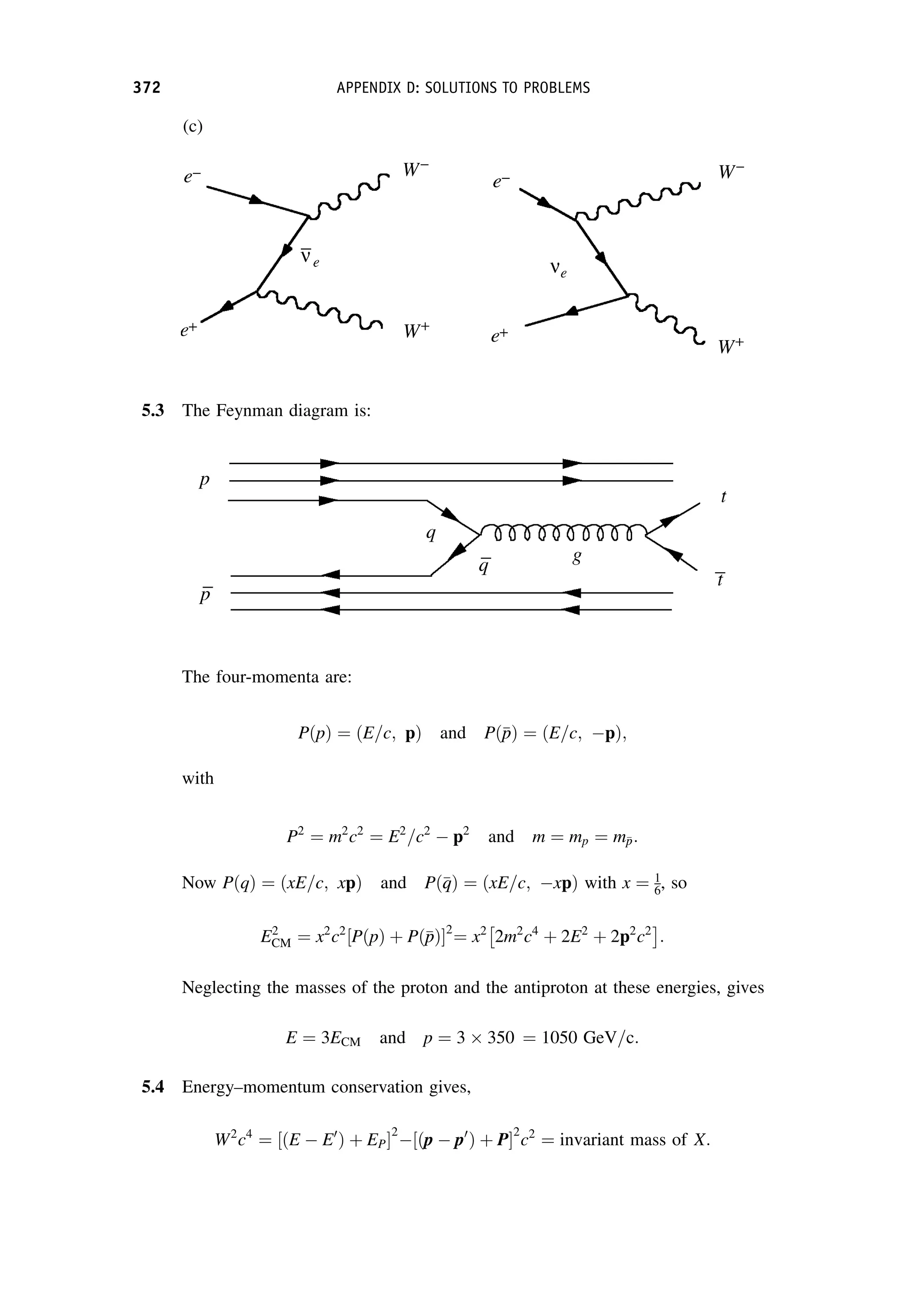 (c)
5.3 The Feynman diagram is:
The four-momenta are:
PðpÞ ¼ ðE=c; pÞ and Pð
p
pÞ ¼ ðE=c; pÞ;
with
P2
¼ m2
c2
¼ E2
=c2
 p2
and m ¼ mp ¼ m
p
p:
Now PðqÞ ¼ ðxE=c; xpÞ and Pð
q
qÞ ¼ ðxE=c; xpÞ with x ¼ 1
6, so
E2
CM ¼ x2
c2
PðpÞ þ Pð
p
pÞ
½ 2
¼ x2
2m2
c4
þ 2E2
þ 2p2
c2
 
:
Neglecting the masses of the proton and the antiproton at these energies, gives
E ¼ 3ECM and p ¼ 3  350 ¼ 1050 GeV=c:
5.4 Energy–momentum conservation gives,
W2
c4
¼ ðE  E0
Þ þ EP
½ 
2
 ðp  p0
Þ þ P
½ 
2
c2
¼ invariant mass of X:
372 APPENDIX D: SOLUTIONS TO PROBLEMS
 