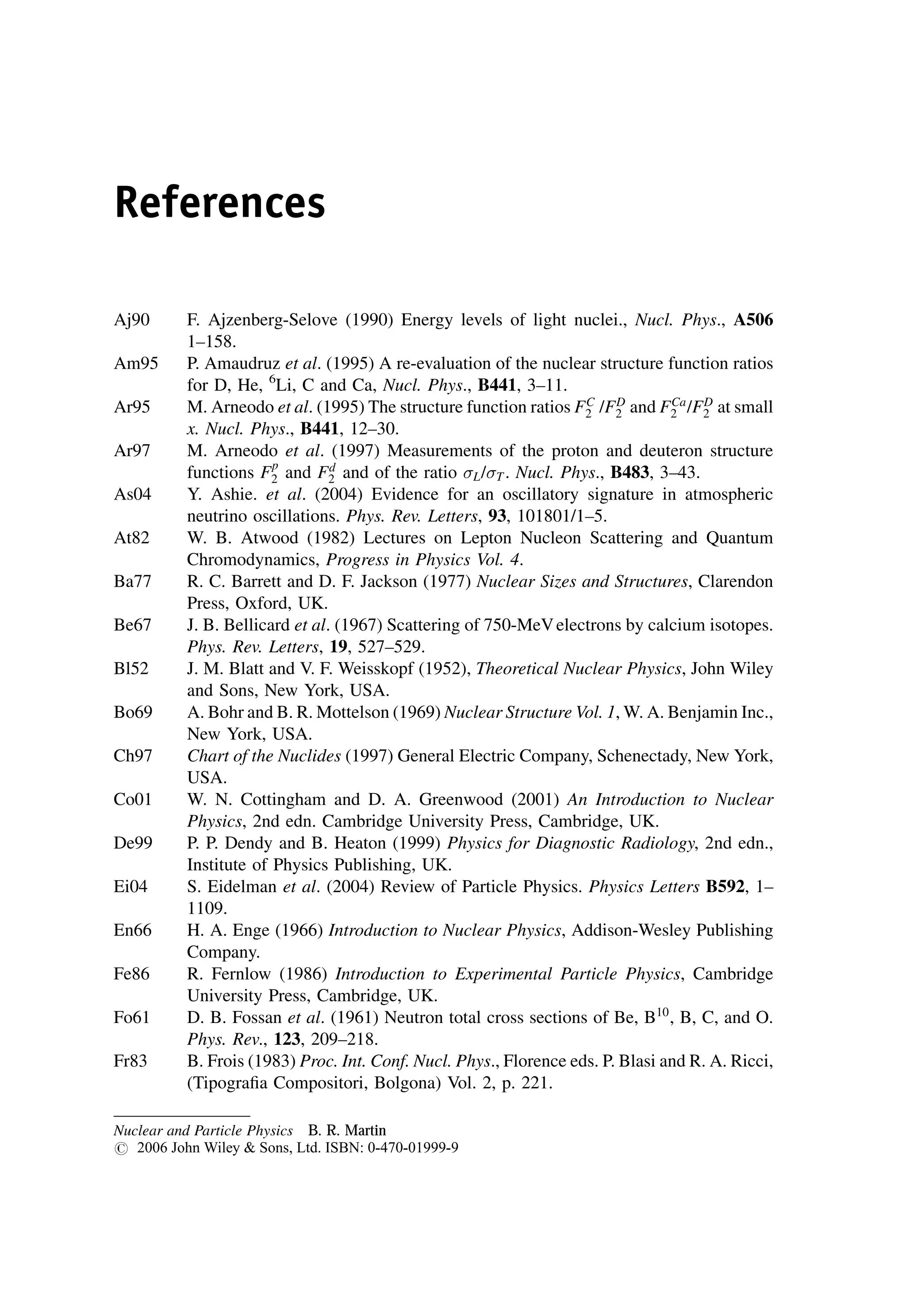 References
Aj90 F. Ajzenberg-Selove (1990) Energy levels of light nuclei., Nucl. Phys., A506
1–158.
Am95 P. Amaudruz et al. (1995) A re-evaluation of the nuclear structure function ratios
for D, He, 6
Li, C and Ca, Nucl. Phys., B441, 3–11.
Ar95 M. Arneodo et al. (1995) The structure function ratios FC
2 /FD
2 and FCa
2 /FD
2 at small
x. Nucl. Phys., B441, 12–30.
Ar97 M. Arneodo et al. (1997) Measurements of the proton and deuteron structure
functions Fp
2 and Fd
2 and of the ratio L/T . Nucl. Phys., B483, 3–43.
As04 Y. Ashie. et al. (2004) Evidence for an oscillatory signature in atmospheric
neutrino oscillations. Phys. Rev. Letters, 93, 101801/1–5.
At82 W. B. Atwood (1982) Lectures on Lepton Nucleon Scattering and Quantum
Chromodynamics, Progress in Physics Vol. 4.
Ba77 R. C. Barrett and D. F. Jackson (1977) Nuclear Sizes and Structures, Clarendon
Press, Oxford, UK.
Be67 J. B. Bellicard et al. (1967) Scattering of 750-MeVelectrons by calcium isotopes.
Phys. Rev. Letters, 19, 527–529.
Bl52 J. M. Blatt and V. F. Weisskopf (1952), Theoretical Nuclear Physics, John Wiley
and Sons, New York, USA.
Bo69 A. Bohr and B. R. Mottelson (1969) Nuclear Structure Vol. 1, W. A. Benjamin Inc.,
New York, USA.
Ch97 Chart of the Nuclides (1997) General Electric Company, Schenectady, New York,
USA.
Co01 W. N. Cottingham and D. A. Greenwood (2001) An Introduction to Nuclear
Physics, 2nd edn. Cambridge University Press, Cambridge, UK.
De99 P. P. Dendy and B. Heaton (1999) Physics for Diagnostic Radiology, 2nd edn.,
Institute of Physics Publishing, UK.
Ei04 S. Eidelman et al. (2004) Review of Particle Physics. Physics Letters B592, 1–
1109.
En66 H. A. Enge (1966) Introduction to Nuclear Physics, Addison-Wesley Publishing
Company.
Fe86 R. Fernlow (1986) Introduction to Experimental Particle Physics, Cambridge
University Press, Cambridge, UK.
Fo61 D. B. Fossan et al. (1961) Neutron total cross sections of Be, B10
, B, C, and O.
Phys. Rev., 123, 209–218.
Fr83 B. Frois (1983) Proc. Int. Conf. Nucl. Phys., Florence eds. P. Blasi and R. A. Ricci,
(Tipografia Compositori, Bolgona) Vol. 2, p. 221.
Nuclear and Particle Physics B. R. Martin
# 2006 John Wiley  Sons, Ltd. ISBN: 0-470-01999-9
 