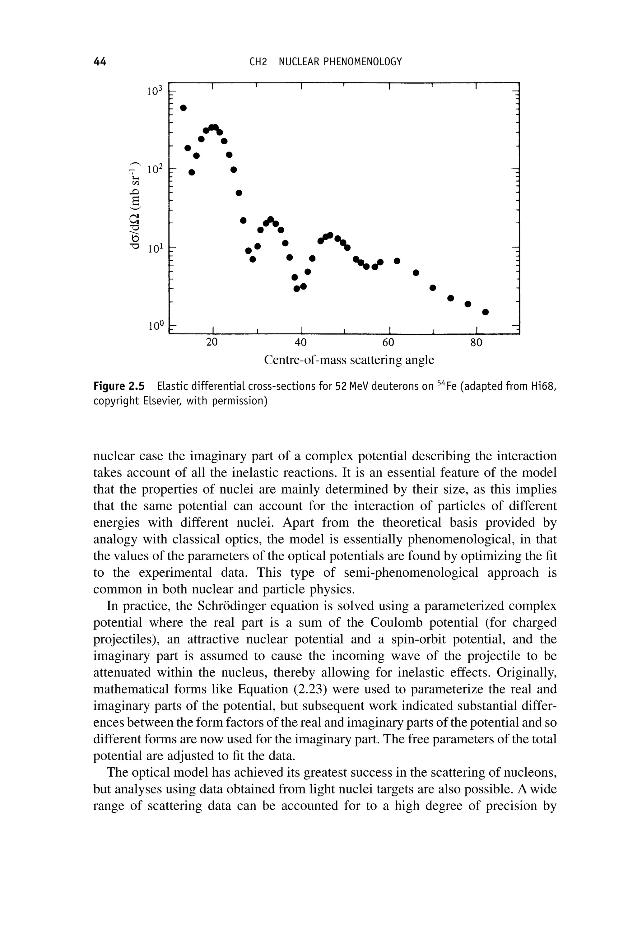 nuclear case the imaginary part of a complex potential describing the interaction
takes account of all the inelastic reactions. It is an essential feature of the model
that the properties of nuclei are mainly determined by their size, as this implies
that the same potential can account for the interaction of particles of different
energies with different nuclei. Apart from the theoretical basis provided by
analogy with classical optics, the model is essentially phenomenological, in that
the values of the parameters of the optical potentials are found by optimizing the fit
to the experimental data. This type of semi-phenomenological approach is
common in both nuclear and particle physics.
In practice, the Schrödinger equation is solved using a parameterized complex
potential where the real part is a sum of the Coulomb potential (for charged
projectiles), an attractive nuclear potential and a spin-orbit potential, and the
imaginary part is assumed to cause the incoming wave of the projectile to be
attenuated within the nucleus, thereby allowing for inelastic effects. Originally,
mathematical forms like Equation (2.23) were used to parameterize the real and
imaginary parts of the potential, but subsequent work indicated substantial differ-
ences between the form factors of the real and imaginary parts of the potential and so
different forms are now used for the imaginary part. The free parameters of the total
potential are adjusted to fit the data.
The optical model has achieved its greatest success in the scattering of nucleons,
but analyses using data obtained from light nuclei targets are also possible. A wide
range of scattering data can be accounted for to a high degree of precision by
Figure 2.5 Elastic differential cross-sections for 52 MeV deuterons on 54
Fe (adapted from Hi68,
copyright Elsevier, with permission)
44 CH2 NUCLEAR PHENOMENOLOGY
 
