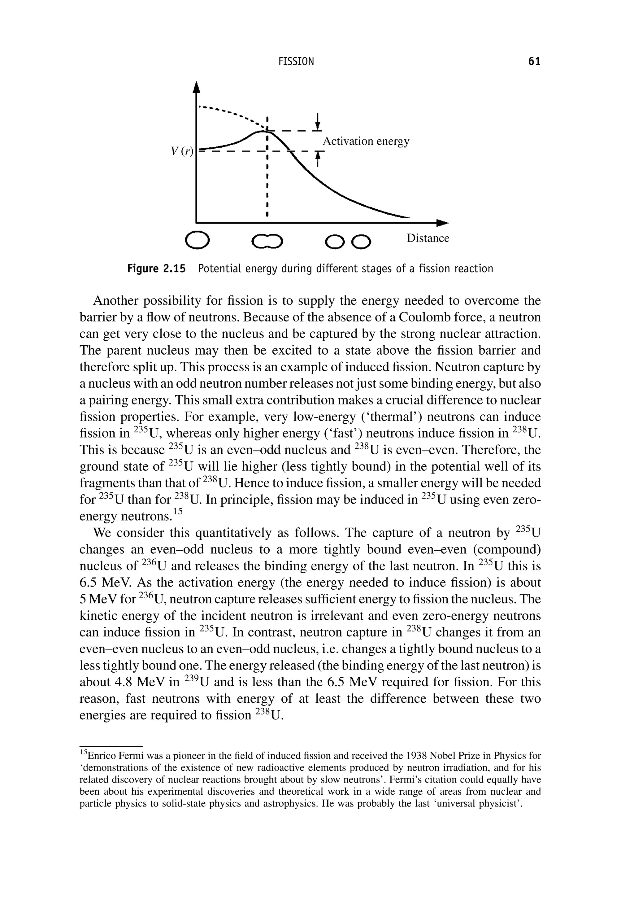 Another possibility for fission is to supply the energy needed to overcome the
barrier by a flow of neutrons. Because of the absence of a Coulomb force, a neutron
can get very close to the nucleus and be captured by the strong nuclear attraction.
The parent nucleus may then be excited to a state above the fission barrier and
therefore split up. This process is an example of induced fission. Neutron capture by
a nucleus with an odd neutron number releases not just some binding energy, but also
a pairing energy. This small extra contribution makes a crucial difference to nuclear
fission properties. For example, very low-energy (‘thermal’) neutrons can induce
fission in 235
U, whereas only higher energy (‘fast’) neutrons induce fission in 238
U.
This is because 235
U is an even–odd nucleus and 238
U is even–even. Therefore, the
ground state of 235
U will lie higher (less tightly bound) in the potential well of its
fragments than that of 238
U. Hence to induce fission, a smaller energy will be needed
for 235
U than for 238
U. In principle, fission may be induced in 235
U using even zero-
energy neutrons.15
We consider this quantitatively as follows. The capture of a neutron by 235
U
changes an even–odd nucleus to a more tightly bound even–even (compound)
nucleus of 236
U and releases the binding energy of the last neutron. In 235
U this is
6.5 MeV. As the activation energy (the energy needed to induce fission) is about
5 MeV for 236
U, neutron capture releases sufficient energy to fission the nucleus. The
kinetic energy of the incident neutron is irrelevant and even zero-energy neutrons
can induce fission in 235
U. In contrast, neutron capture in 238
U changes it from an
even–even nucleus to an even–odd nucleus, i.e. changes a tightly bound nucleus to a
less tightly bound one. The energy released (the binding energy of the last neutron) is
about 4.8 MeV in 239
U and is less than the 6.5 MeV required for fission. For this
reason, fast neutrons with energy of at least the difference between these two
energies are required to fission 238
U.
Figure 2.15 Potential energy during different stages of a fission reaction
15
Enrico Fermi was a pioneer in the field of induced fission and received the 1938 Nobel Prize in Physics for
‘demonstrations of the existence of new radioactive elements produced by neutron irradiation, and for his
related discovery of nuclear reactions brought about by slow neutrons’. Fermi’s citation could equally have
been about his experimental discoveries and theoretical work in a wide range of areas from nuclear and
particle physics to solid-state physics and astrophysics. He was probably the last ‘universal physicist’.
FISSION 61
 