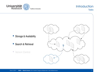 Introduction
Tasks

•

Storage & Availability

•

Search & Retrieval

•

Version Control

Dec 4, 2013

SEMS | Martin Scharm, Ron Henkel, Dagmar Waltemath, Olaf Wolkenhauer

?

3

 