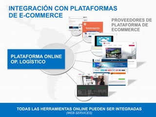 INTEGRACIÓN CON PLATAFORMAS
DE E-COMMERCE
TODAS LAS HERRAMIENTAS ONLINE PUEDEN SER INTEGRADAS
(WEB SERVICES)
PROVEEDORES DE
PLATAFORMA DE
ECOMMERCE
PLATAFORMA ONLINE
OP. LOGÍSTICO