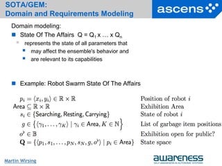 10Seite
Martin Wirsing
SOTA/GEM:
Domain and Requirements Modeling
Domain modeling:
 State Of The Affairs Q = Q1 x … x Qn
 represents the state of all parameters that
 may affect the ensemble's behavior and
 are relevant to its capabilities
 Example: Robot Swarm State Of The Affairs
 