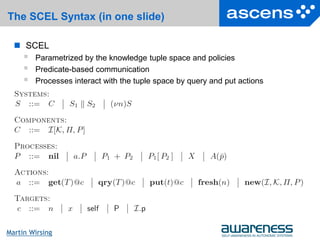 29Seite
Martin Wirsing
The SCEL Syntax (in one slide)
 SCEL
 Parametrized by the knowledge tuple space and policies
 Predicate-based communication
 Processes interact with the tuple space by query and put actions
 