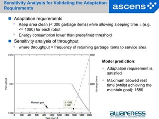 33Seite
Martin Wirsing
Sensitivity Analysis for Validating the Adaptation
Requirements
 Adaptation requirements
 Keep area clean (< 300 garbage items) while allowing sleeping time t (e.g.
<= 1000) for each robot
 Energy consumption lower than predefined threshold
 Sensitivity analysis of throughput
 where throughput = frequency of returning garbage items to service area
Martin Wirsing
Model prediction:
 Adaptation requirement is
satisfied
 Maximum allowed rest
time (whilst achieving the
maintain goal): 1580
 