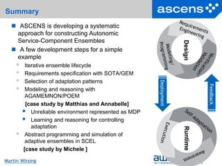 34Seite
Martin Wirsing
Summary
 ASCENS is developing a systematic
approach for constructing Autonomic
Service-Component Ensembles
 A few development steps for a simple
example
 Iterative ensemble lifecycle
 Requirements specification with SOTA/GEM
 Selection of adaptation patterns
 Modeling and reasoning with
AGAMEMNON/POEM
[case study by Matthias and Annabelle]
 Unreliable environment represented as MDP
 Learning and reasoning for controlling
adaptation
 Abstract programming and simulation of
adaptive ensembles in SCEL
[case study by Michele ]
Deployment
Feedback
DesignRuntime
 