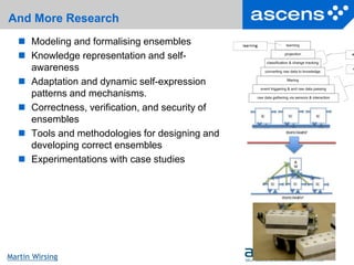 35Seite
Martin Wirsing
And More Research
 Modeling and formalising ensembles
 Knowledge representation and self-
awareness
 Adaptation and dynamic self-expression
patterns and mechanisms.
 Correctness, verification, and security of
ensembles
 Tools and methodologies for designing and
developing correct ensembles
 Experimentations with case studies
 