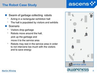 8Seite
Martin Wirsing
The Robot Case Study
 Swarm of garbage collecting robots
 Acting in a rectangular exhibition hall
 The hall is populated by visitors and exhibits
 Scenario
 Visitors drop garbage
 Robots move around the hall,
pick up the garbage and
move it to the service area
 Robots may rest in the service area in order
to not intervene too much with the visitors
and to save energy
8
service area
 