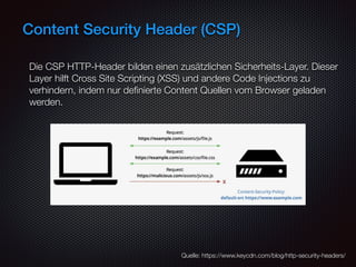 Content Security Header (CSP)
Die CSP HTTP-Header bilden einen zusätzlichen Sicherheits-Layer. Dieser
Layer hilft Cross Site Scripting (XSS) und andere Code Injections zu
verhindern, indem nur deﬁnierte Content Quellen vom Browser geladen
werden.
Quelle: https://www.keycdn.com/blog/http-security-headers/
 