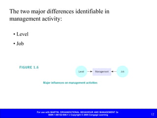 For use with MARTIN, ORGANIZATIONAL BEHAVIOUR AND MANAGEMENT 3e
ISBN 1-86152-948-1  Copyright © 2005 Cengage Learning 12
The two major differences identifiable in
management activity:
• Level
• Job
 