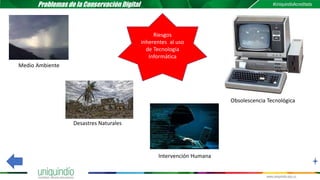 Problemas de la Conservación Digital
Medio Ambiente
Desastres Naturales
Intervención Humana
Obsolescencia Tecnológica
Riesgos
inherentes al uso
de Tecnología
Informática
 