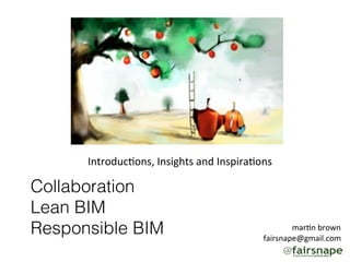 Collaboration!
Lean BIM!
Responsible BIM !
!
!
!
	
  
	
  
	
  
mar%n	
  brown	
  
fairsnape@gmail.com	
  
Introduc%ons,	
  Insights	
  and	
  Inspira%ons	
  
 