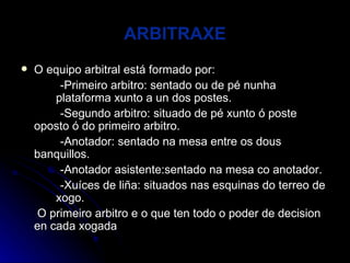 ARBITRAXE O equipo arbitral está formado por: -Primeiro arbitro: sentado ou de pé nunha  plataforma xunto a un dos postes. -Segundo arbitro: situado de pé xunto ó poste  oposto ó do primeiro arbitro. -Anotador: sentado na mesa entre os dous  banquillos. -Anotador asistente:sentado na mesa co anotador. -Xuíces de liña: situados nas esquinas do terreo de  xogo. O primeiro arbitro e o que ten todo o poder de decision en cada xogada 