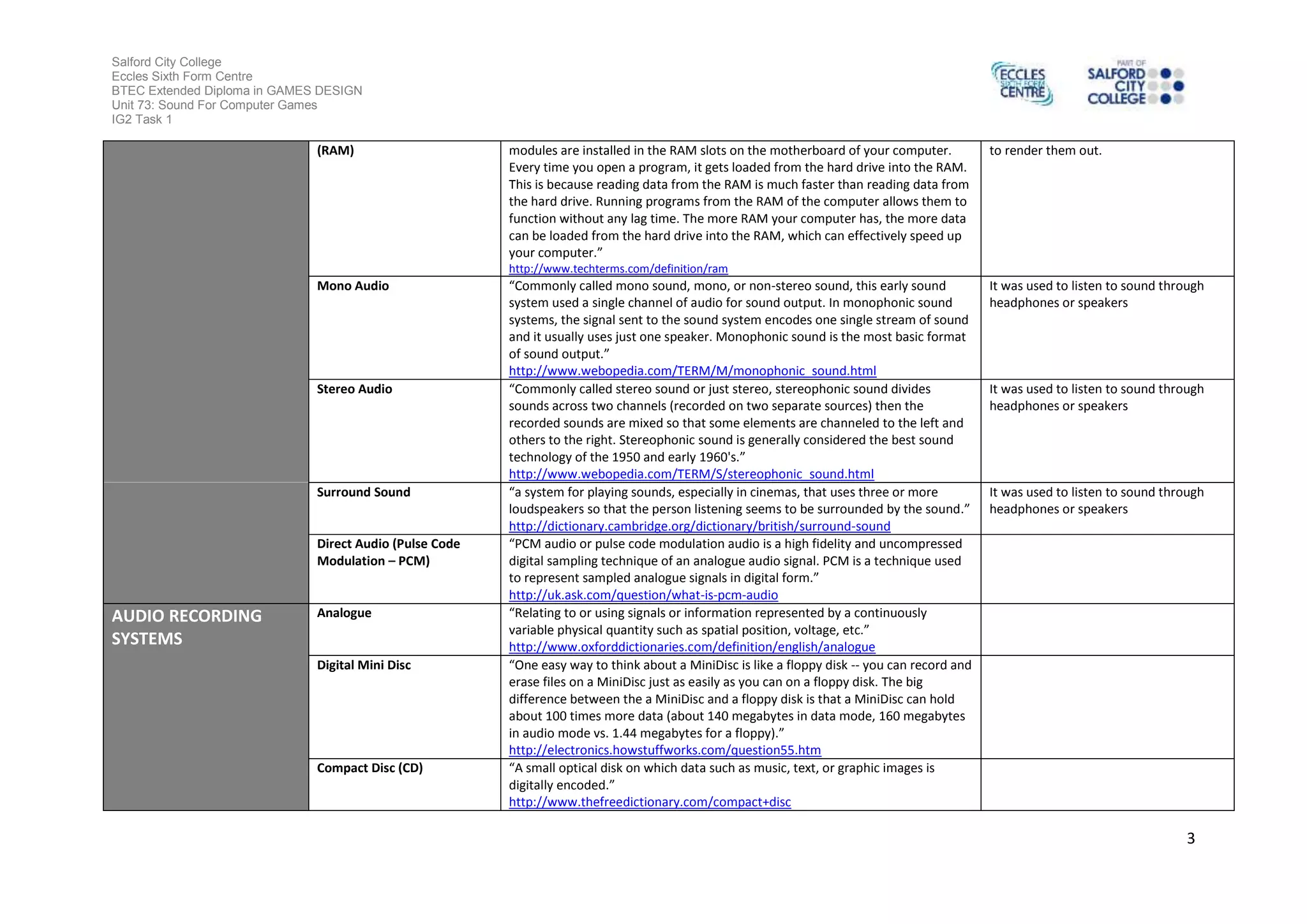 Salford City College
Eccles Sixth Form Centre
BTEC Extended Diploma in GAMES DESIGN
Unit 73: Sound For Computer Games
IG2 Task 1
3
(RAM) modules are installed in the RAM slots on the motherboard of your computer.
Every time you open a program, it gets loaded from the hard drive into the RAM.
This is because reading data from the RAM is much faster than reading data from
the hard drive. Running programs from the RAM of the computer allows them to
function without any lag time. The more RAM your computer has, the more data
can be loaded from the hard drive into the RAM, which can effectively speed up
your computer.”
http://www.techterms.com/definition/ram
to render them out.
Mono Audio “Commonly called mono sound, mono, or non-stereo sound, this early sound
system used a single channel of audio for sound output. In monophonic sound
systems, the signal sent to the sound system encodes one single stream of sound
and it usually uses just one speaker. Monophonic sound is the most basic format
of sound output.”
http://www.webopedia.com/TERM/M/monophonic_sound.html
It was used to listen to sound through
headphones or speakers
Stereo Audio “Commonly called stereo sound or just stereo, stereophonic sound divides
sounds across two channels (recorded on two separate sources) then the
recorded sounds are mixed so that some elements are channeled to the left and
others to the right. Stereophonic sound is generally considered the best sound
technology of the 1950 and early 1960's.”
http://www.webopedia.com/TERM/S/stereophonic_sound.html
It was used to listen to sound through
headphones or speakers
Surround Sound “a system for playing sounds, especially in cinemas, that uses three or more
loudspeakers so that the person listening seems to be surrounded by the sound.”
http://dictionary.cambridge.org/dictionary/british/surround-sound
It was used to listen to sound through
headphones or speakers
Direct Audio (Pulse Code
Modulation – PCM)
“PCM audio or pulse code modulation audio is a high fidelity and uncompressed
digital sampling technique of an analogue audio signal. PCM is a technique used
to represent sampled analogue signals in digital form.”
http://uk.ask.com/question/what-is-pcm-audio
AUDIO RECORDING
SYSTEMS
Analogue “Relating to or using signals or information represented by a continuously
variable physical quantity such as spatial position, voltage, etc.”
http://www.oxforddictionaries.com/definition/english/analogue
Digital Mini Disc “One easy way to think about a MiniDisc is like a floppy disk -- you can record and
erase files on a MiniDisc just as easily as you can on a floppy disk. The big
difference between the a MiniDisc and a floppy disk is that a MiniDisc can hold
about 100 times more data (about 140 megabytes in data mode, 160 megabytes
in audio mode vs. 1.44 megabytes for a floppy).”
http://electronics.howstuffworks.com/question55.htm
Compact Disc (CD) “A small optical disk on which data such as music, text, or graphic images is
digitally encoded.”
http://www.thefreedictionary.com/compact+disc
 