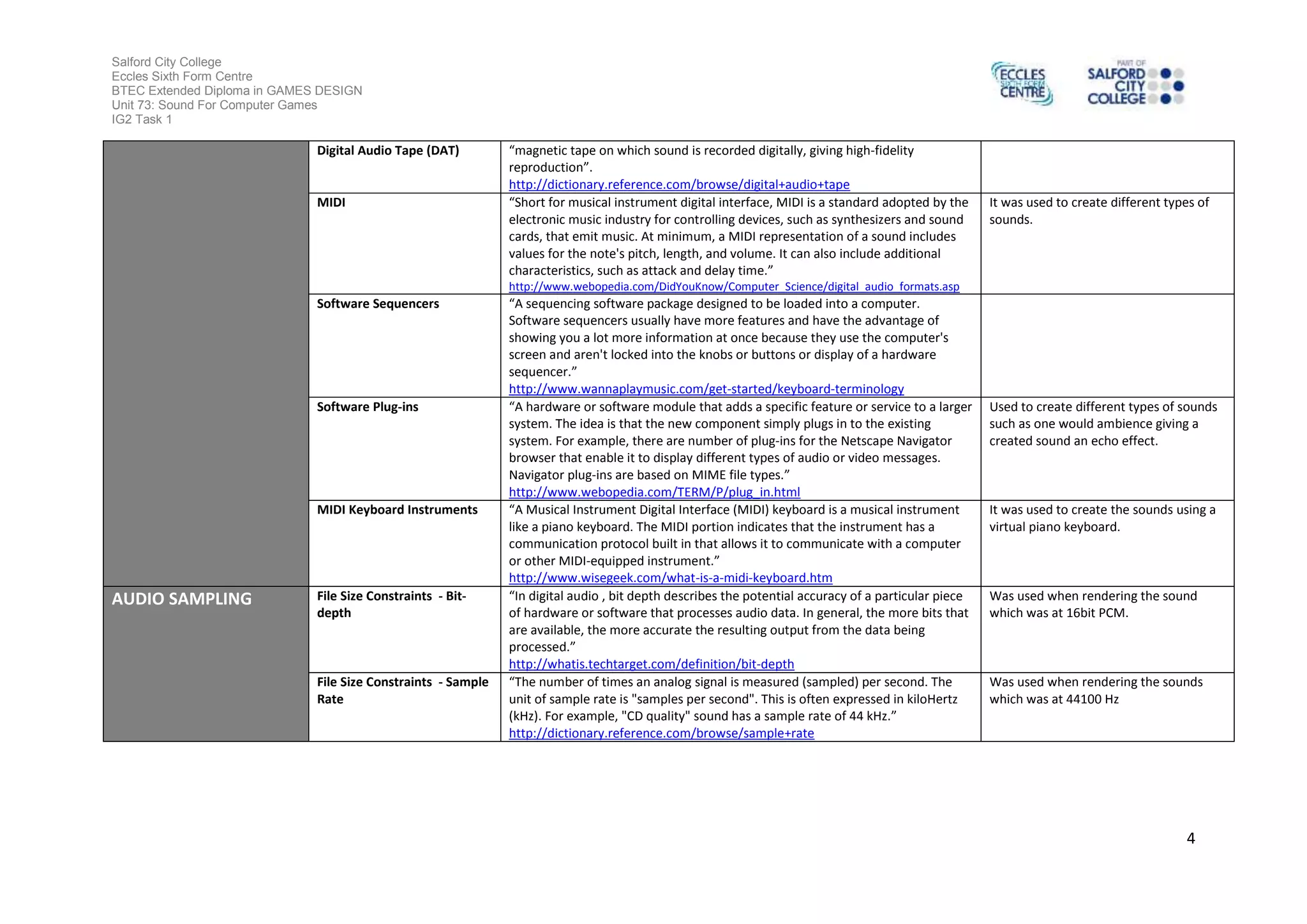 Salford City College
Eccles Sixth Form Centre
BTEC Extended Diploma in GAMES DESIGN
Unit 73: Sound For Computer Games
IG2 Task 1
4
Digital Audio Tape (DAT) “magnetic tape on which sound is recorded digitally, giving high-fidelity
reproduction”.
http://dictionary.reference.com/browse/digital+audio+tape
MIDI “Short for musical instrument digital interface, MIDI is a standard adopted by the
electronic music industry for controlling devices, such as synthesizers and sound
cards, that emit music. At minimum, a MIDI representation of a sound includes
values for the note's pitch, length, and volume. It can also include additional
characteristics, such as attack and delay time.”
http://www.webopedia.com/DidYouKnow/Computer_Science/digital_audio_formats.asp
It was used to create different types of
sounds.
Software Sequencers “A sequencing software package designed to be loaded into a computer.
Software sequencers usually have more features and have the advantage of
showing you a lot more information at once because they use the computer's
screen and aren't locked into the knobs or buttons or display of a hardware
sequencer.”
http://www.wannaplaymusic.com/get-started/keyboard-terminology
Software Plug-ins “A hardware or software module that adds a specific feature or service to a larger
system. The idea is that the new component simply plugs in to the existing
system. For example, there are number of plug-ins for the Netscape Navigator
browser that enable it to display different types of audio or video messages.
Navigator plug-ins are based on MIME file types.”
http://www.webopedia.com/TERM/P/plug_in.html
Used to create different types of sounds
such as one would ambience giving a
created sound an echo effect.
MIDI Keyboard Instruments “A Musical Instrument Digital Interface (MIDI) keyboard is a musical instrument
like a piano keyboard. The MIDI portion indicates that the instrument has a
communication protocol built in that allows it to communicate with a computer
or other MIDI-equipped instrument.”
http://www.wisegeek.com/what-is-a-midi-keyboard.htm
It was used to create the sounds using a
virtual piano keyboard.
AUDIO SAMPLING File Size Constraints - Bit-
depth
“In digital audio , bit depth describes the potential accuracy of a particular piece
of hardware or software that processes audio data. In general, the more bits that
are available, the more accurate the resulting output from the data being
processed.”
http://whatis.techtarget.com/definition/bit-depth
Was used when rendering the sound
which was at 16bit PCM.
File Size Constraints - Sample
Rate
“The number of times an analog signal is measured (sampled) per second. The
unit of sample rate is "samples per second". This is often expressed in kiloHertz
(kHz). For example, "CD quality" sound has a sample rate of 44 kHz.”
http://dictionary.reference.com/browse/sample+rate
Was used when rendering the sounds
which was at 44100 Hz
 