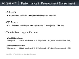 Performance in Development Environment

• JS Assets
   • 0.5 seconds to chain 70 dependencies (608KB raw JS)*


• CSS Asse...