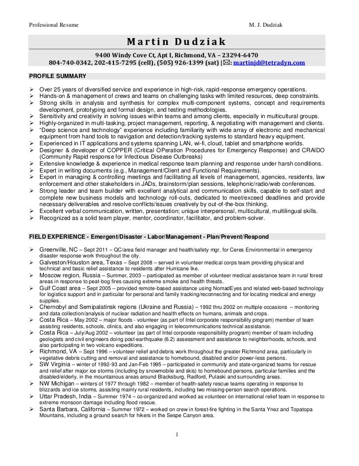 martin dudziak emergency storm fire flood health safety resume june20 environmental health and safety resumes