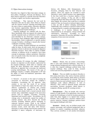 3.2 Open Innovation strategy
Electrolux has shaped its Open Innovation strategy on
three pillars: Challenges, Network and Mindset. All of
these exactly respond to a specific need that Electrolux
is facing to exploit new business opportunities.
 Challenges – They represent the tool used by
Electrolux (but also by many others firms) to interact
with the external network, capturing knowledge from
the state of idea to ready-product. Electrolux identifies
new business opportunities following two different
paths:targeted and inspired challenges.
Targeted challenges are solicited calls for ideas.
More specifically, these are requests for solutions to a
specific corporate need, as technical as well as market
need identified by the Electrolux corporate strategy.
For instance, these challenges might ask for additional
functionalities, better components or specific product
concept. Certainly, a challenge is launch after internal
verification of existing solutions.
On the contrary, inspired challenges are unsolicited
called for ideas. In other words, these are messages of
openness to listen to all innovative proposals aligned to
Electrolux business. These allow to capture available
solutions, at different levels of readiness, from ideas
concept to prototypes, without restrictions. Electrolux
does not specify needs, thus innovators are completely
free to offer proposals.
In the Electrolux OI strategy, the pillar ‘challenges’
includes an important novelty element, represented by
the inspired challenges, which allow to stimulate and
inspire the ideas generation onto external networks
following an approach that overcomes the traditional
scouting methodologies. The launch of this type of
challenges requires a complex management of IP and
the ability to build non-traditional agreements with
external partners.
 Network – It answers to the need of creating the
ecosystem of innovators around the company’s
boundaries. Considering the OI approach, value
creation is not just the result of an internal
transformation of input into output, but the smart and
effective combination of internal and external
resources. Before the adoption of the OI model
Electrolux had already built a trusted network which
include many stakeholders engaged in the innovation
process such as suppliers, consumers, University
department and research centers. Nevertheless, the OI
strategy aims to dramatically expand the number of
external partners and move beyond the trusted
network, including different players belonging to
unknown business sectors. Firms in the external
network could be extremely different for dimensions,
business sectors, assets and many other features.
Electrolux to better manage their business partners has
identified 4 macro categories of innovators: (I)
Solvers, (II) Brokers, (III) Entrepreneurs, (IV)
Inventors, arranging them by their behavior and
mindset. These two aspects are essential to reach
Electrolux’s goal: exploit business new opportunities.
In fact they could have a business mindset, if they
strive to gain earnings, if they are able to think
strategically about their ideas and if they want to make
ideas happen. By contrast, they could have a technical
mindset if they are focused on technical improvements
or they are able to deliver emerging technologies.
Additionally, they could have a proactive behavior that
is characterized by a quickly and independent reaction
to challenges, or a reactive behavior that is
characterized by an anticipatory, change-oriented and
self-initiative behaviour. According to these
prospective, Electrolux OI team has identified 4 macro
categories of innovators into networks:
Figure1: Innovators types
Solvers – Mainly, they are centers of knowledge
able to solve hard technical challenges. They have a
strong technical background and a reactive behavior. It
is clear that, targeted challenges perform better than
inspired challenge. They could be firms, research
centers and university departments or scientists.
Brokers – They are middle way players that play as
link among innovators, they work as business partners
in creating the word of mouth, which allows to increase
and to expand autonomously the network. They have
proactive behaviour and technical mindset. Both type of
challenges work without differences in term of
efficiency. They could be financial groups, industrial
associations, business incubators, media players or
companies offering specific OI scouting services.
Entrepreneurs – They are people who exercises
initiative to take benefit of an opportunity, they usually
accept the OI challenges to look for business partners to
make their ideas happen or to expand their existing
business. They usually have a business mindset and a
reactive behavior. Inspired challenges perform better
than targeted challenges with them.
Inventors – Mainly, they are brilliant people with
creative personality and technical background able to
produce or contrive something previously unknown.
They actively contribute in new product development
 