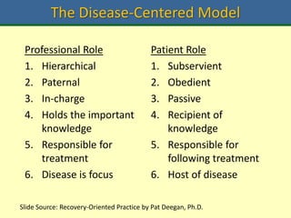Slide Source: Recovery-Oriented Practice by Pat Deegan, Ph.D.
The Disease-Centered Model
Professional Role
1. Hierarchical
2. Paternal
3. In-charge
4. Holds the important
knowledge
5. Responsible for
treatment
6. Disease is focus
Patient Role
1. Subservient
2. Obedient
3. Passive
4. Recipient of
knowledge
5. Responsible for
following treatment
6. Host of disease
 