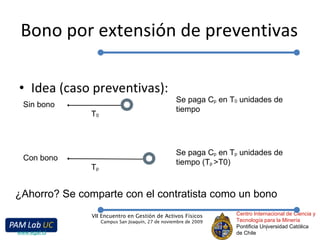 Bono por extensión de preventivas Idea (caso preventivas): Centro Internacional de Ciencia y Tecnología para la Minería Pontificia Universidad Católica de Chile VII Encuentro en Gestión de Activos Físicos Campus San Joaquín, 27 de noviembre de 2009 www.egaf.cl T 0 T p Se paga C p  en T 0  unidades de tiempo Sin bono Con bono Se paga C p  en T p  unidades de tiempo (T p  >T0) ¿Ahorro? Se comparte con el contratista como un bono 
