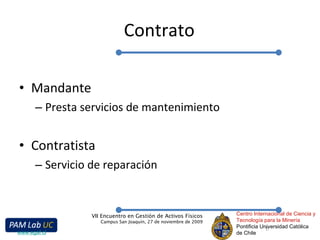 Contrato Mandante Presta servicios de mantenimiento Contratista Servicio de reparación Centro Internacional de Ciencia y Tecnología para la Minería Pontificia Universidad Católica de Chile VII Encuentro en Gestión de Activos Físicos Campus San Joaquín, 27 de noviembre de 2009 www.egaf.cl 