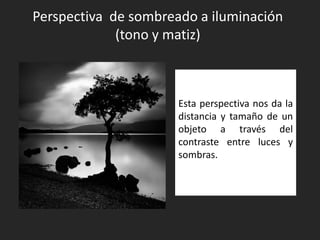 Perspectiva de sombreado a iluminación
(tono y matiz)

Esta perspectiva nos da la
distancia y tamaño de un
objeto a través del
contraste entre luces y
sombras.

 