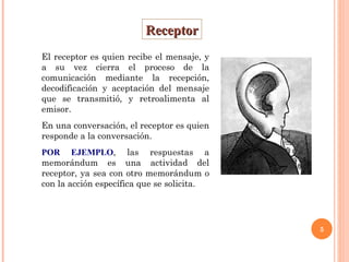 Receptor El receptor es quien recibe el mensaje, y a su vez cierra el proceso de la comunicación mediante la recepción, decodificación y aceptación del mensaje que se transmitió, y retroalimenta al emisor.  En una conversación, el receptor es quien responde a la conversación. POR EJEMPLO , las respuestas a memorándum es una actividad del receptor, ya sea con otro memorándum o con la acción específica que se solicita. 