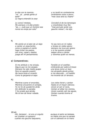 le dije con la mamúa:
“va… ca …yendo gente al
baile”
La negra entendió la cosa
y no tardó en contestarme
mirándome como a perro:
“mas vaca será su madre”
Lo conocí retobao,
Me acerque y le dije presto:
“po…r…rudo que un hombre sea
nunca se enoja por esto”
Corcobió el de los tamangos
y creyéndose muy fijo:
“mas porrudo serás vos,
gaucho rotoso”, me dijo.
f)
Me siento en el plan de un bajo
a cantar un argumento;
como si soplara el viento
hago tiritar los pastos.
con oros, copas y bastos
juega allí mi pensamiento.
Yo soy toro en mi rodeo
y toraso en rodeo ajeno;
siempre me tuve por güeno
y si me quieren probar
salgan otros a cantar
y veremos quién es menos.
g) Comparativas:
Si me atribulo o me encojo,
Siguro que no me escapo;
Siempre he sido medio guapo
Pero en aquella ocasión
Me hacia bulia el corazón
Como la garganta al sapo
Tendido en el costillar,
cimbrando por sobre el brazo
una lanza como un lazo
me atropello dando gritos:
si me descuido…, el maldito
me levanta de un lanzazo.
h)
Mientras suene el encordao,
Mientras encuentre el compás,
Yo no he de quedarme atrás
Sin defender la parada;
Y he jurado que jamás,
Me la han de llevar robada.
Los cielos lloran y cantan
Hasta en el mayor silencio;
Lloran al cair el rocío,
Cantan al silbar los vientos,
Lloran cuando caín las aguas,
Cantan cuando brama el
trueno.
10.a)
¡Ah, tiempos!… ¡si era un orgullo
ver jinetear un paisano!
cuando era gaucho baqueano,
aunque el potro se bolease,
no había una que no parase
con el cabresto en la mano
 