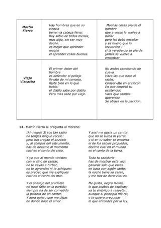 Martín
Fierro
Hay hombres que en su
ciencia
tienen la cabeza llena;
hay sabio de todas menas,
mas digo, sin ser muy
ducho:
es mejor que aprender
mucho
el aprender cosas buenas.
Muchas cosas pierde el
hombre
que a veces la vuelve a
hallar
pero les debo enseñar
y es bueno que lo
recuerden :
si la vergüenza se pierde
jamás se vuelve a
encontrar
Viejo
Vizcacha
El primer deber del
hombre
es defender el pellejo
llevate de mi concejo,
fijate bien en lo que
hablo:
el diablo sabe por diablo
Pero mas sabe por viejo.
No andes cambiando de
cueva
Hace las que hace el
ratón:
Conserváte en el rincón
En que empezó tu
esistencia;
Vaca que cambia
querencia
Se atrasa en la parición.
14. Martín Fierro le pregunta al moreno:
¡Ah negro! Si sos tan sabio
no tengas ningun recelo:
pero has tragao el anzuelo
y, al compas del estrumento,
has de decirme al momento
cual es el canto del cielo.
Y ansi me gusta un cantor
que no se turba ni yerra;
y si en tu saber se encierra
el de los sabios projundos,
decime cual en el mundo
es el canto de la tierra.
Y ya que al mundo vinistes
con el sino de cantar,
no te vayas a turbar,
no te agrandes ni te achiques:
es preciso que me expliques
cual es el canto del mar.
Toda tu sabiduría
has de mostrar esta vez;
ganaras solo que estes
en baca con algún canto:
la noche tiene su canto,
y me has de decir cual es.
Y el consejo del prudente
no hace falta en la partida;
siempre ha de ser comedida
la palabra de un cantor.
Y aura quiero que me digas
de donde nace el amor.
Me gusta, negro ladino,
lo que acabas de explicar;
ya te empiezo a respetar,
aunque al principio me rei,
y te quiero preguntar
lo que entendes por la ley.
 