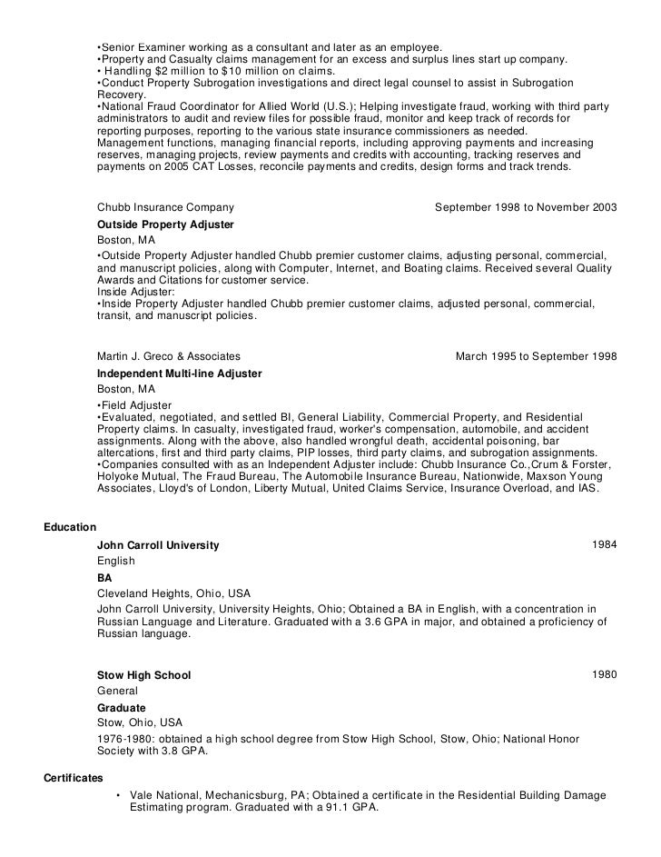 insurance adjuster resumes