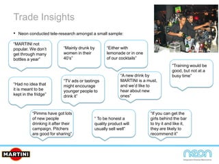 Trade Insights
• Neon conducted tele-research amongst a small sample:
“MARTINI not
popular. We don’t
get through many
bottles a year”
“Mainly drunk by
women in their
40’s”
“Either with
lemonade or in one
of our cocktails”
“Had no idea that
it is meant to be
kept in the fridge”
“TV ads or tastings
might encourage
younger people to
drink it”
“A new drink by
MARTINI is a must,
and we’d like to
hear about new
ones”
“Training would be
good, but not at a
busy time”
“Pimms have got lots
of new people
drinking it after their
campaign. Pitchers
are good for sharing”
“ To be honest a
quality product will
usually sell well”
“If you can get the
girls behind the bar
to try it and like it,
they are likely to
recommend it”
 