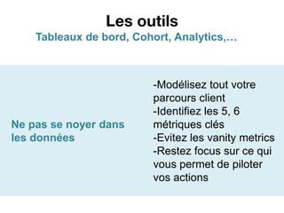 Les outils
    Tableaux de bord, Cohort, Analytics,……



                         -Modélisez tout votre
                         parcours client
                         -Identifiez les 5, 6
Ne pas se noyer dans     métriques clés
les données              -Evitez les vanity metrics
                         -Restez focus sur ce qui
                         vous permet de piloter
                         vos actions
 