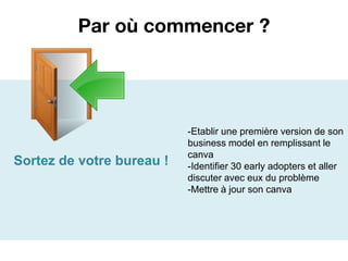 Par où commencer ?




                           -Etablir une première version de son
                           business model en remplissant le
                           canva
Sortez de votre bureau !   -Identifier 30 early adopters et aller
                           discuter avec eux du problème
                           -Mettre à jour son canva
 