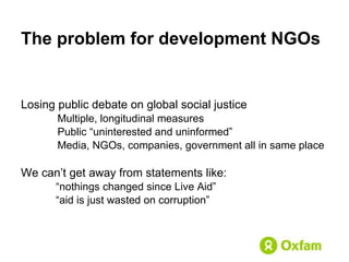 The problem for development NGOs Losing public debate on global social justice Multiple, longitudinal measures Public “uninterested and uninformed” Media, NGOs, companies, government all in same place We can’t get away from statements like: “ nothings changed since Live Aid” “ aid is just wasted on corruption” 