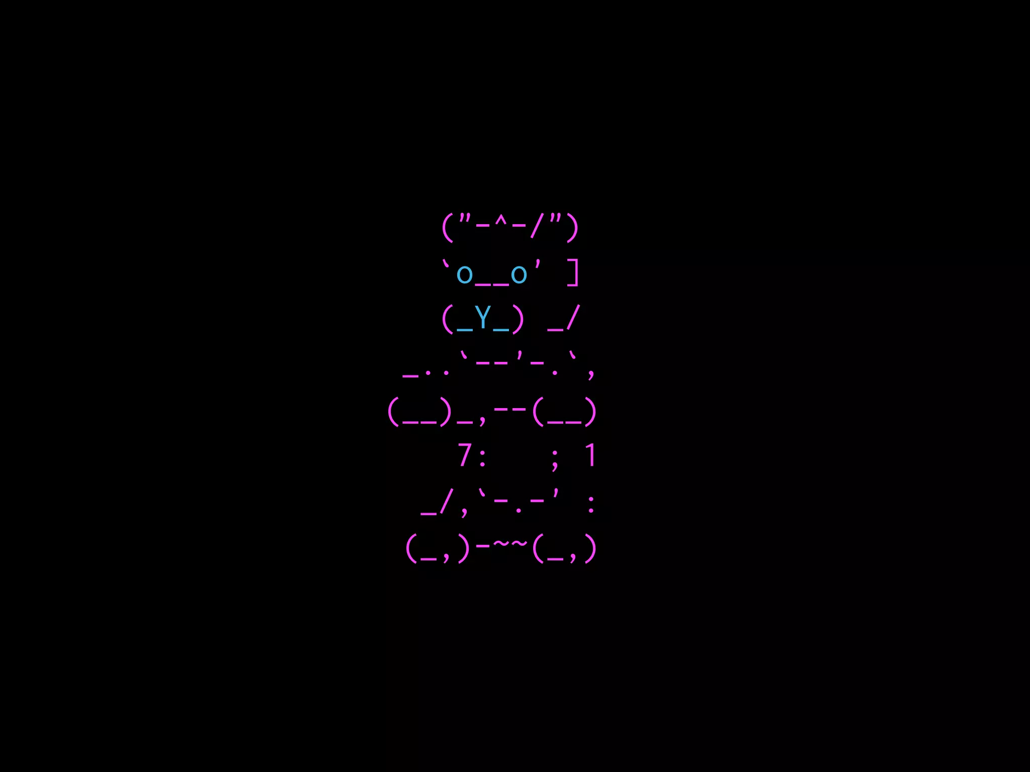 ("-^-/")
`o__o' ]
(_Y_) _/
_..`--'-.`,
(__)_,--(__)
7: ; 1
_/,`-.-' :
(_,)-~~(_,)
 