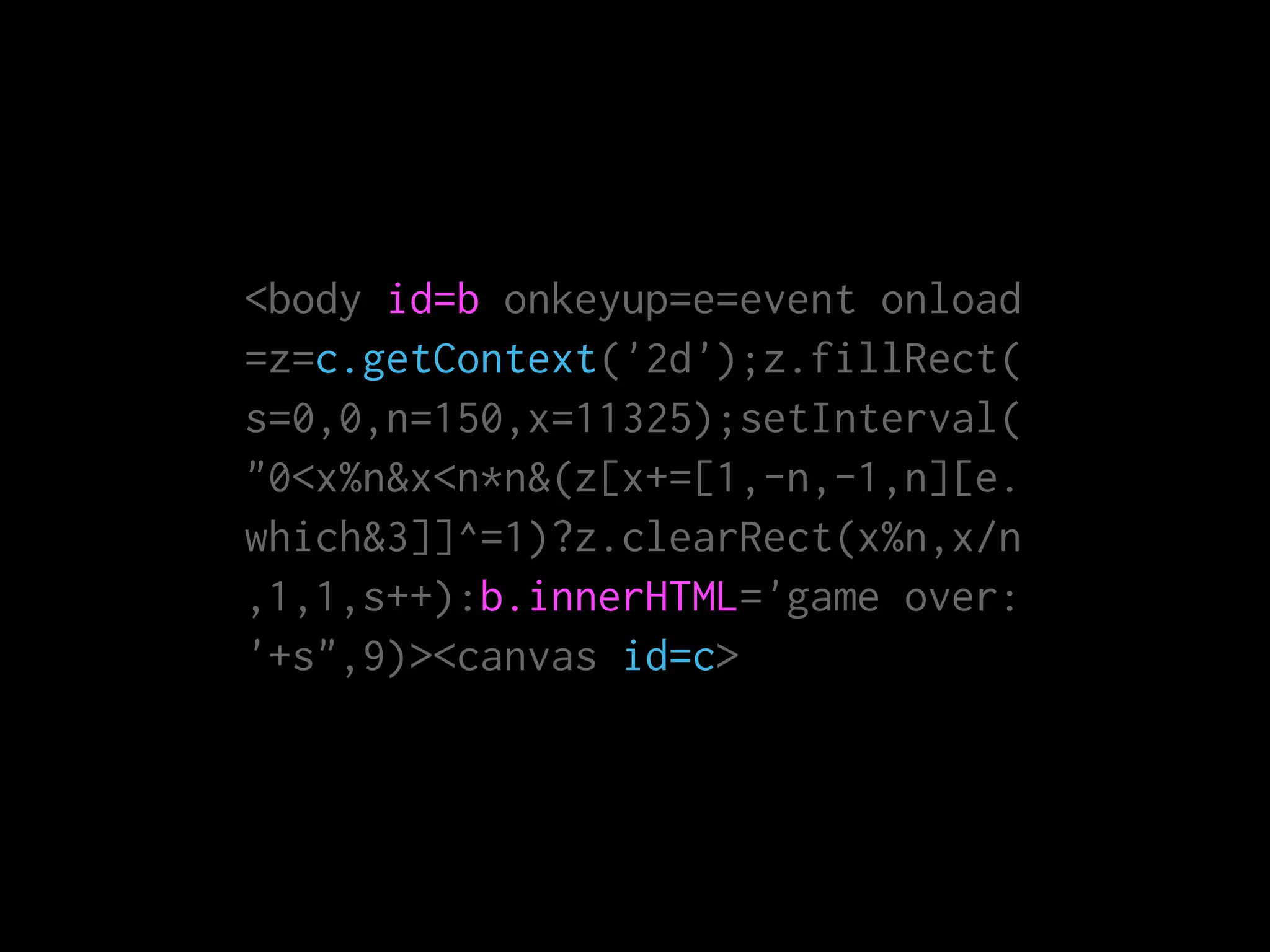 <body id=b onkeyup=e=event onload
=z=c.getContext('2d');z.fillRect(
s=0,0,n=150,x=11325);setInterval(
"0<x%n&x<n*n&(z[x+=[1,-n,-1,n][e.
which&3]]^=1)?z.clearRect(x%n,x/n
,1,1,s++):b.innerHTML='game over:
'+s",9)><canvas id=c>
 