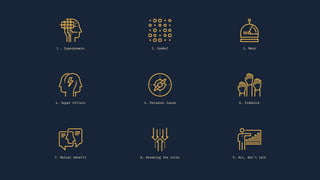 1 . Superpowers 2. Symbol 3. Mask
4. Super Villain 5. Personal Cause 6. Sidekick
7. Mutual benefit 8. Breaking the rules 9. Act, don’t talk
 