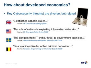 How about developed economies? Key Cybersecurity threat(s) are diverse, but related “ Established capable states...” Source:  UK Cyber Security Strategy [2009] “ The role of nations in exploiting information networks...” Source:  US Cyberspace Policy Review [2009] “ The dangers from IT crime, threat to government agencies...” Source:  Swedish Emergency Management Agency (SEMA) [2008] “ Financial incentive for online criminal behaviour...” Source:  Towards a Belgian strategy on Information Security [2008] 