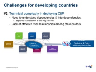 Challenges for developing countries  #2 :  Technical complexity in deploying CIIP Need to understand dependencies & interdependencies Especially vulnerabilities & how they cascade  Lack of effective trust relationships among stakeholders  Provides  Technical & Policy assistance to member states 