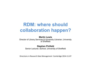 RDM: where should 
collaboration happen? 
Martin Lewis 
Director of Library Services & University Librarian, University 
of Sheffield 
Stephen Pinfield 
Senior Lecturer, iSchool, University of Sheffield 
Directions in Research Data Management Cambridge 2014‐11‐07 
 