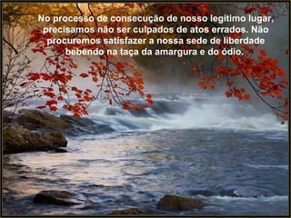 No processo de consecução de nosso legítimo lugar, precisamos não ser culpados de atos errados. Não procuremos satisfazer a nossa sede de liberdade bebendo na taça da amargura e do ódio.  